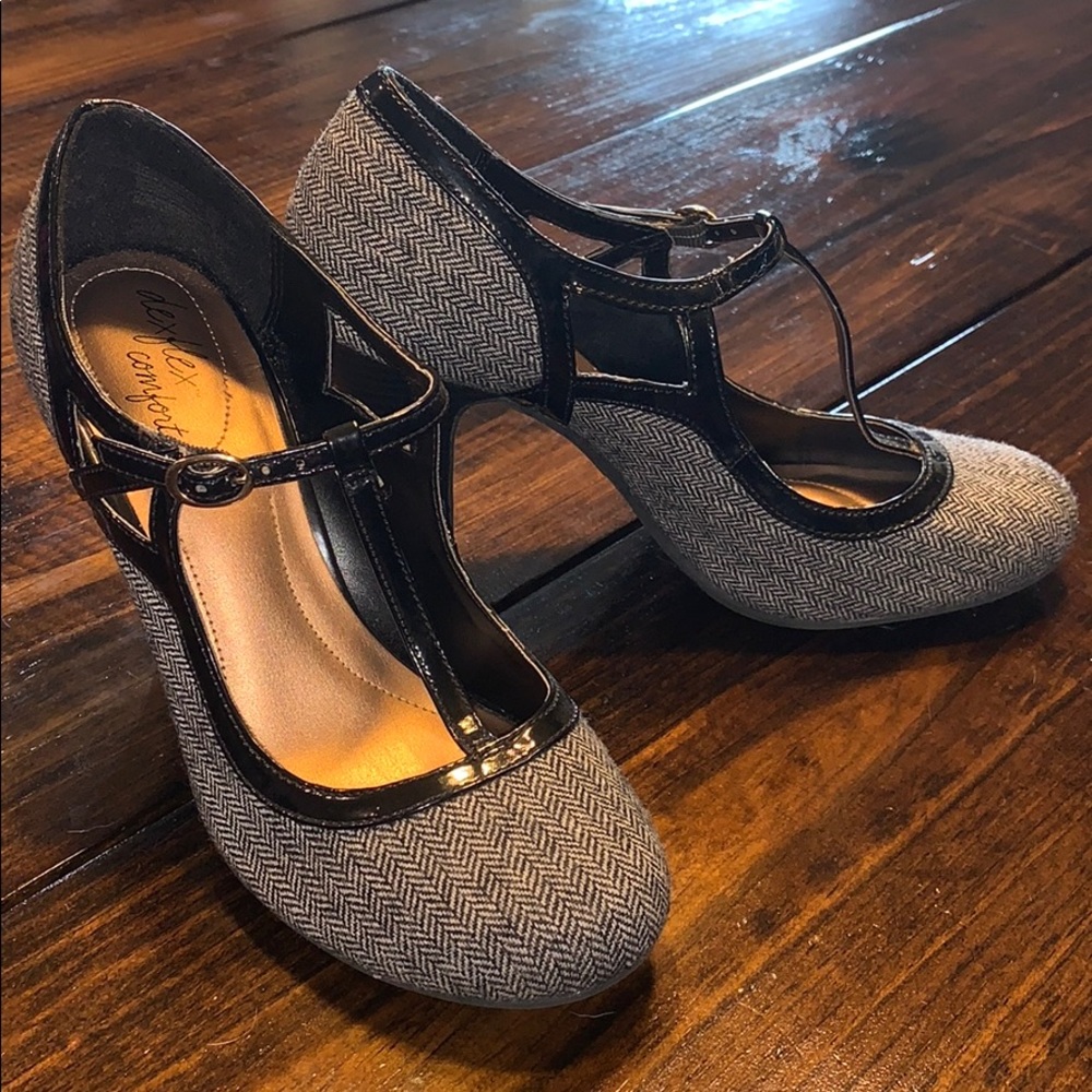 Black and white tweed t strap heels